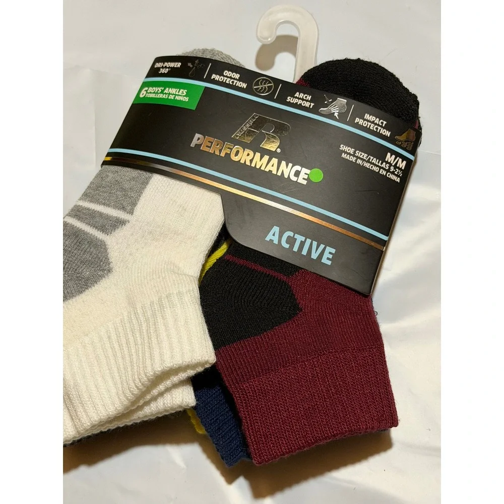 Russell Performance Ankle Socks Multi-Color Active Arch Support 6 Pair M/M Boys